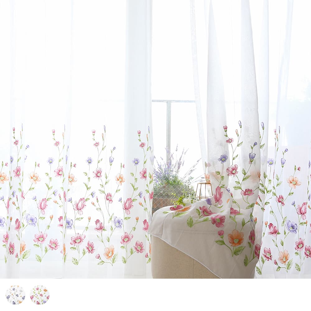 刺繍レースカーテン 刺繍で繊細に描かれた花々が彩る 優美で麗かな窓辺 アンジュ 代引き不可 1cm刻みのカーテン パーフェクトスペース カーテン館