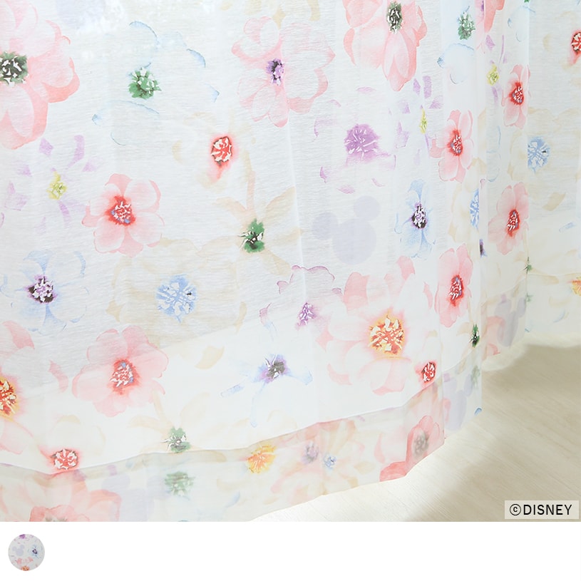 スミノエ ディズニー レースカーテン 柔らかなカラーのお花とミッキーのシルエットが可愛い ＜アロマ ローズ＞ 1cm刻みのカーテン  パーフェクトスペースカーテン館