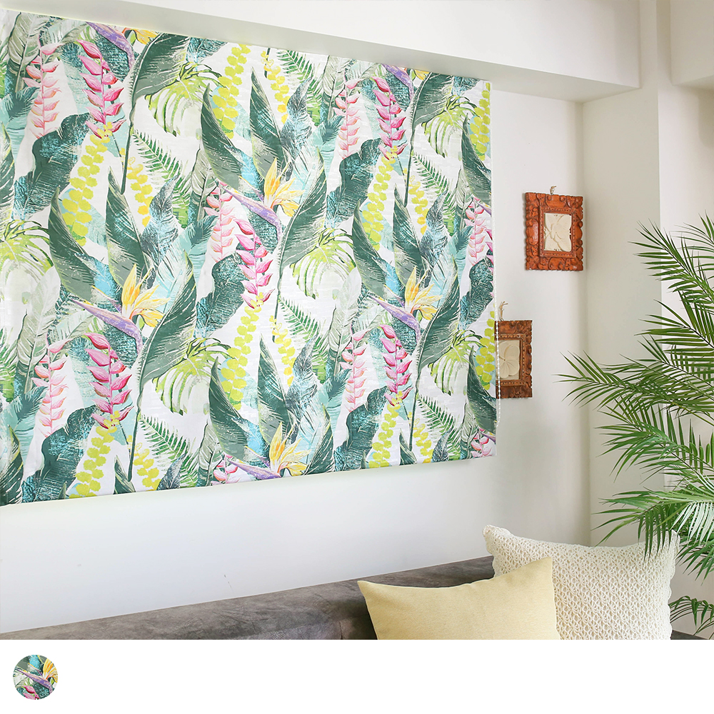 シェード】ボタニカルなハワイアンデザインが映える、アートの様なシェードカーテン！ ＜ラウ シェード グリーン＞ 1cm刻みのカーテン  パーフェクトスペースカーテン館