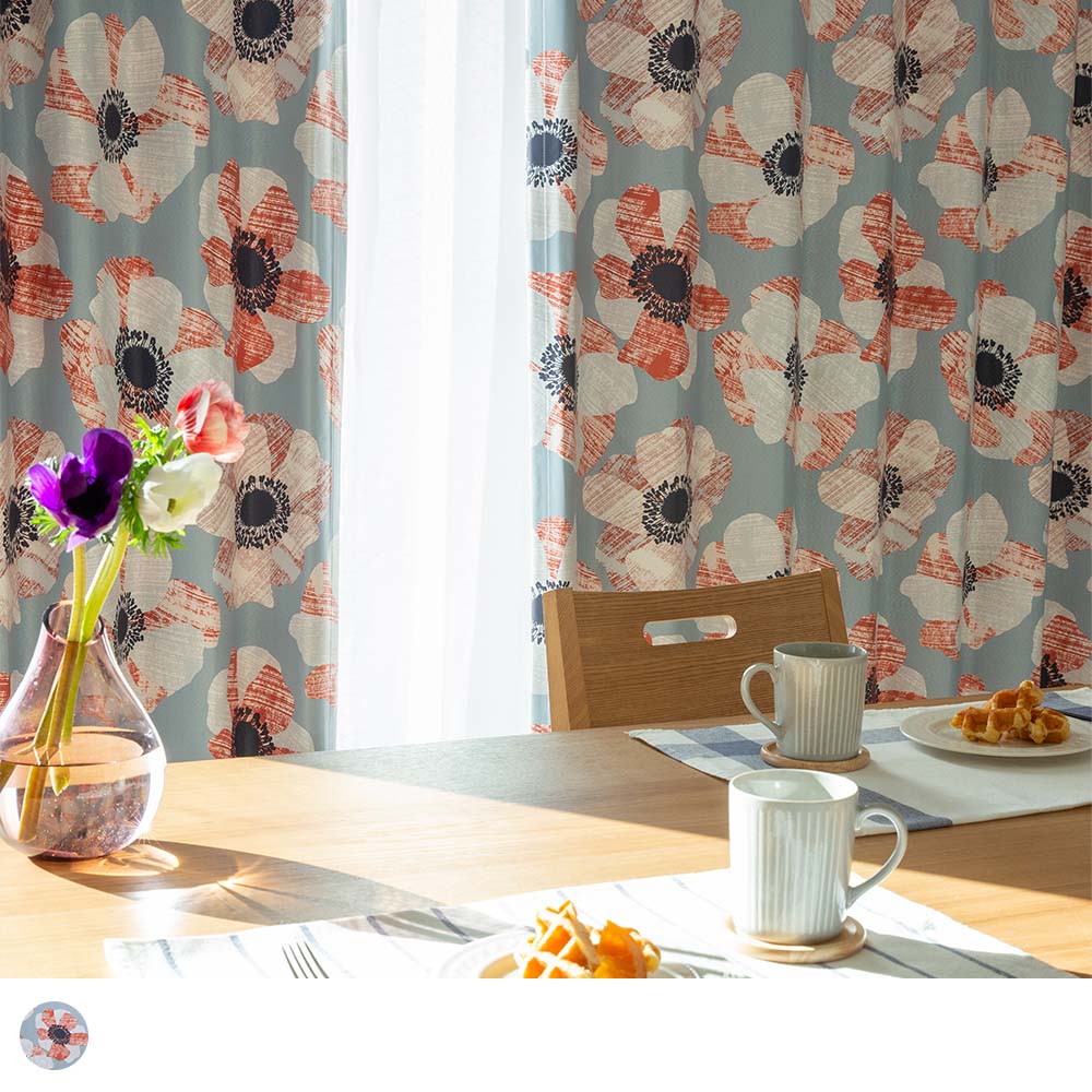花柄 カーテン 大人可愛い北欧スタイルに、モダンなアネモネ柄のカーテンを ＜ウィンドフラワー レッド＞ 1cm刻みのカーテン  パーフェクトスペースカーテン館