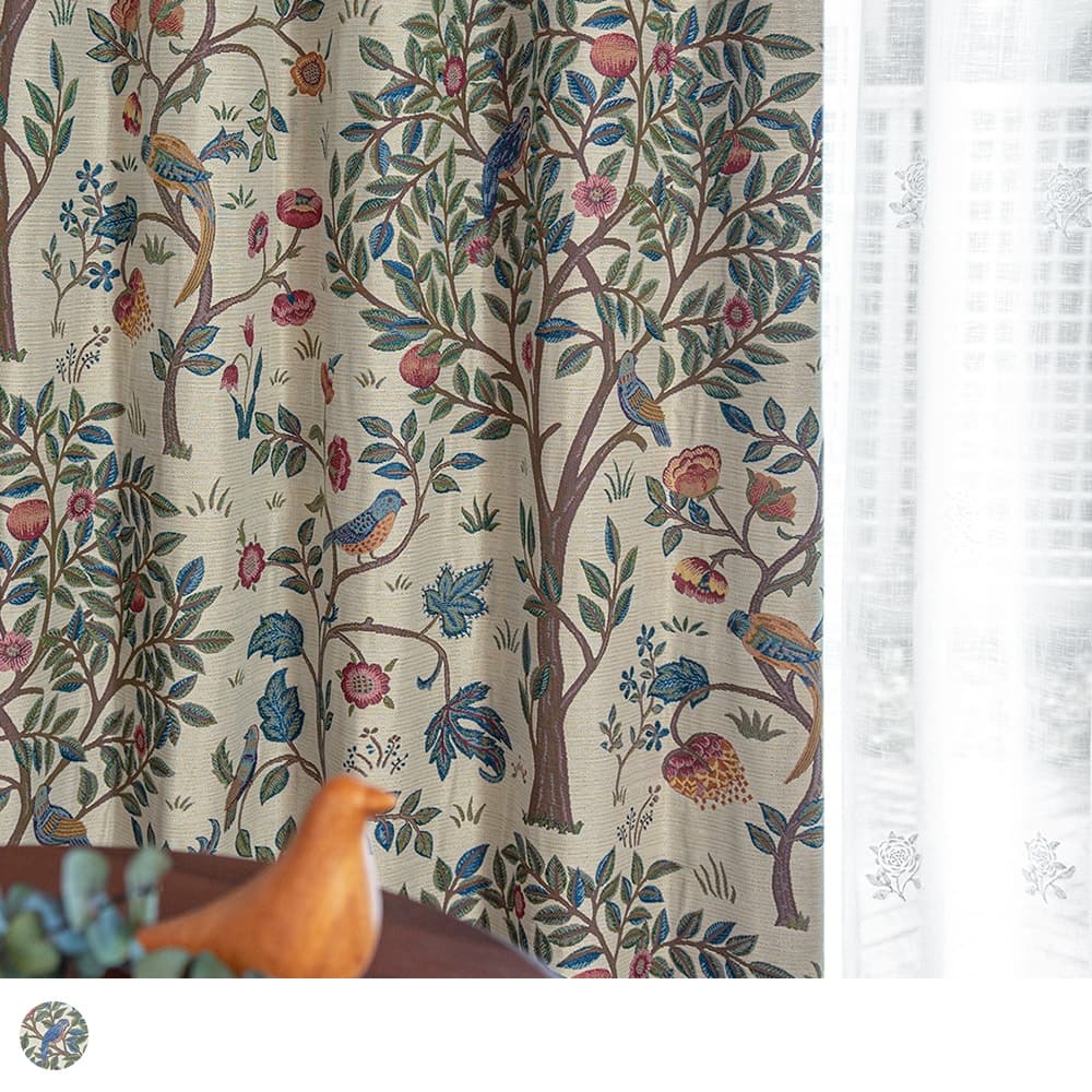 モリスデザインスタジオ ジャカードカーテン 大きな木と鳥が集う ケルムスコットツリー ベージュ 代引き不可 1cm刻みのカーテン パーフェクトスペースカーテン館
