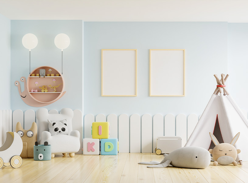 ぬいぐるみとテントのある子供部屋