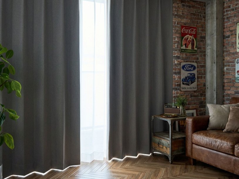 インダストリアルなインテリアに似合う完全遮光カーテンを使った寝室