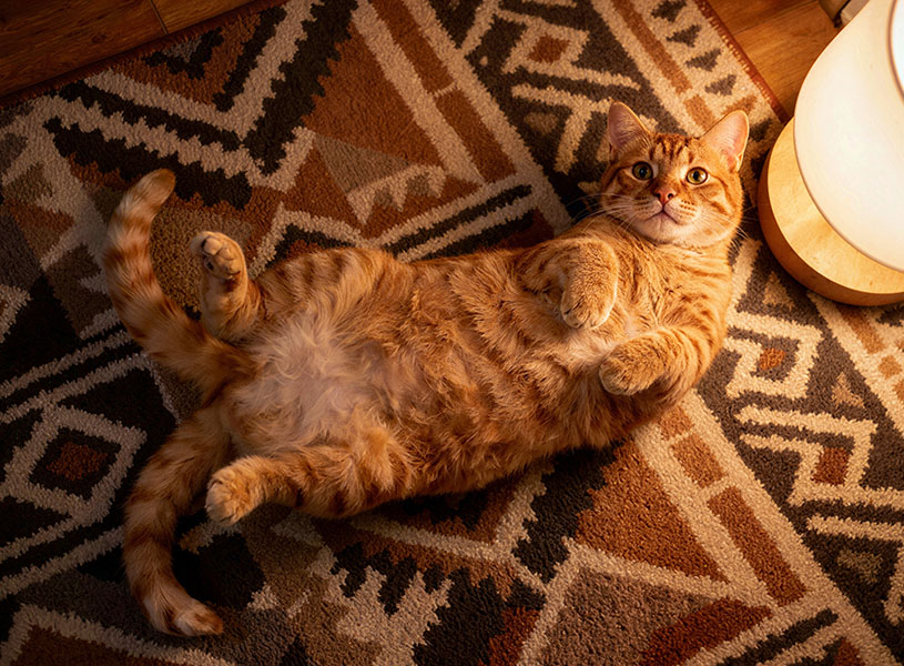 レトロなラグに寝転がる猫